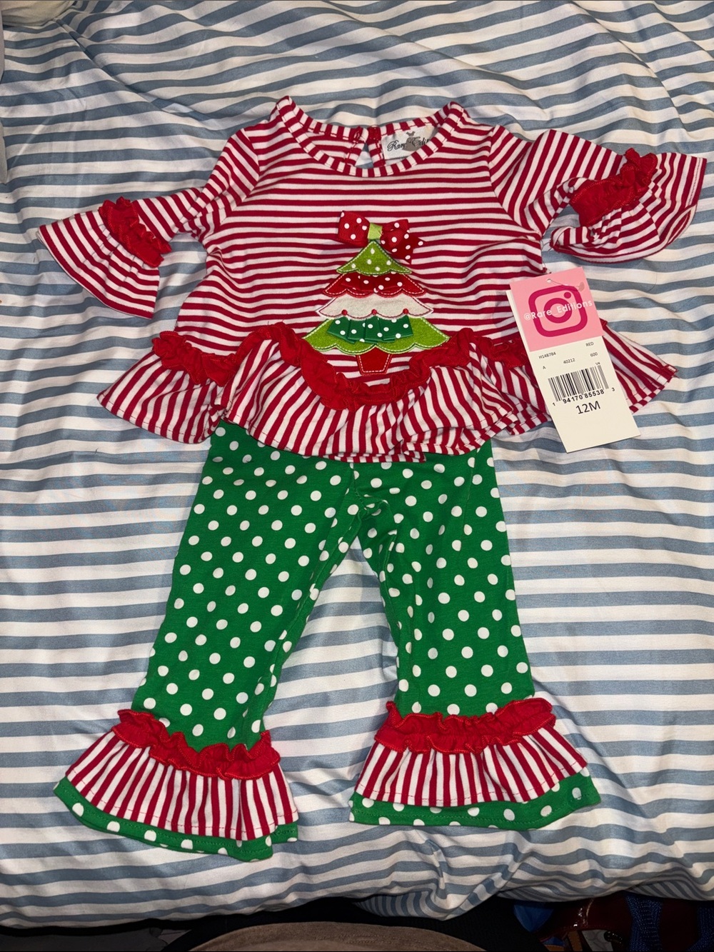 Rare Editions Red & Green Polka Dot Christmas Tree Ruffle Outfit